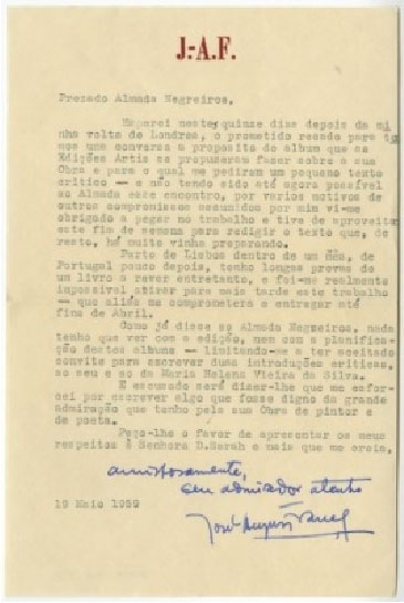 Carta de José Augusto França a José Almada Negreiros